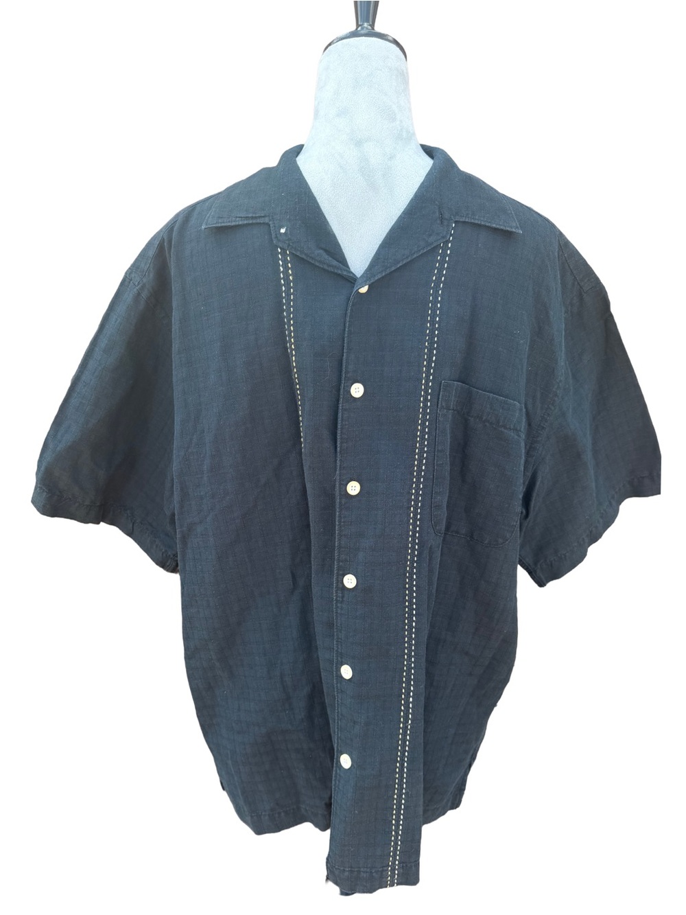 PRONTO UOMO Vintage Linen Cotton Men Black Embroidered Stitch Camp Shirt L